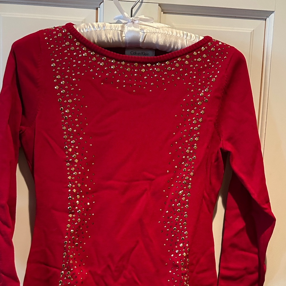 Calvin Klein Red Long-Sleeve Rhinestone Detail Top